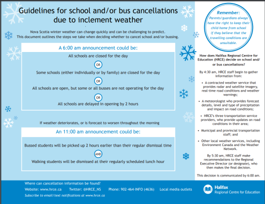 To find out more information on School Cancellations due to Inclement Weather, please click on link https://www.hrce.ca/families/cancellations 